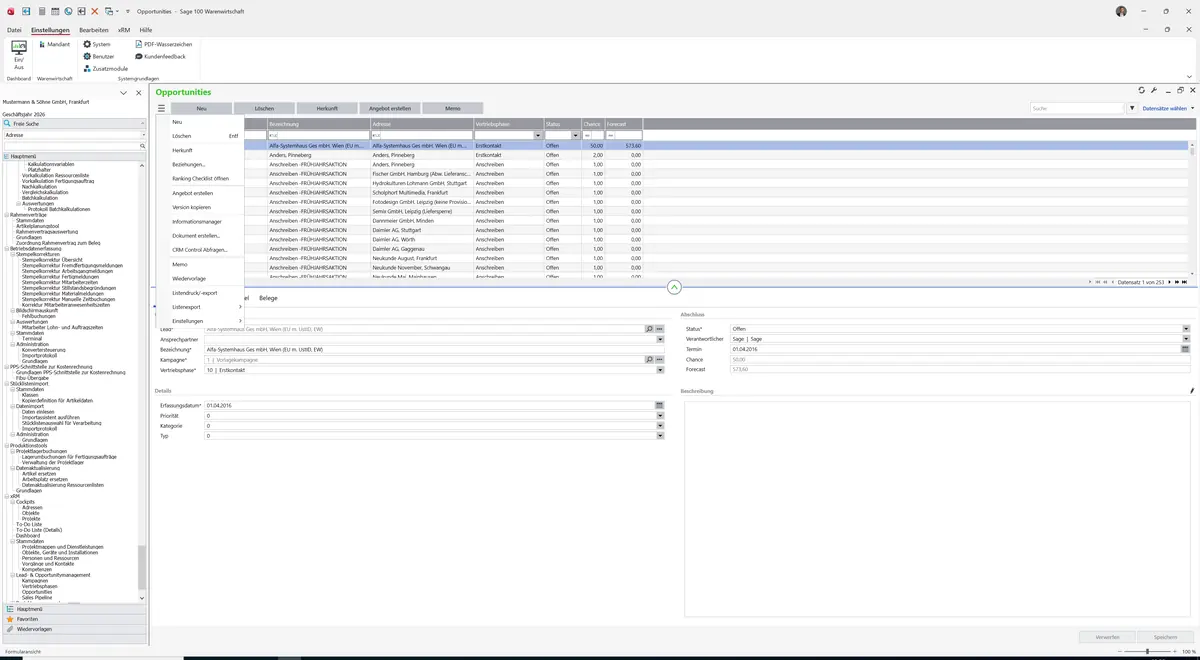 Sage 100 9.0.5.11 Opportunities: Datenklassenmenü