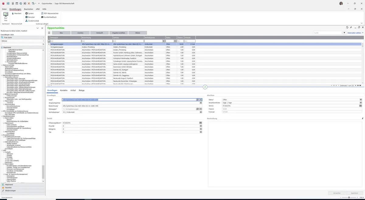 Sage 100 9.0.5.11 Opportunities: Register Grundlagen