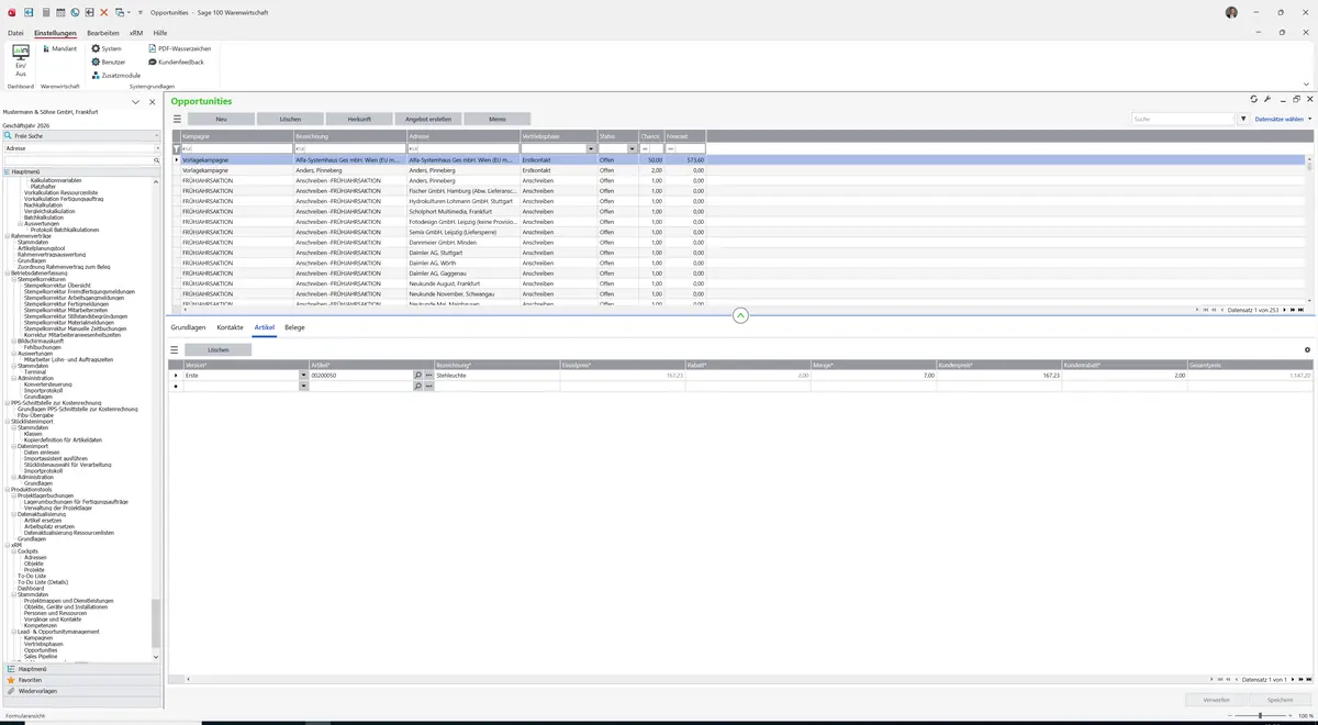 Sage 100 9.0.5.11 Opportunities: Register Artikel
