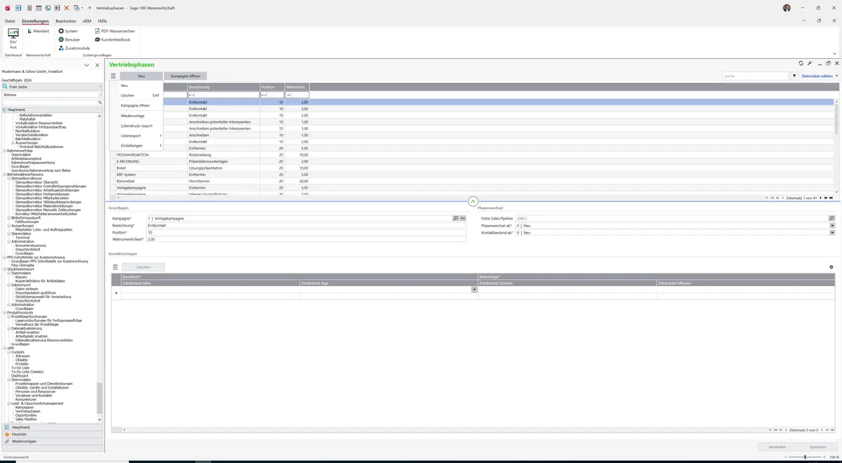 Sage 100 9.0.5.11 Vertriebsphasen: Datenklassenmenü
