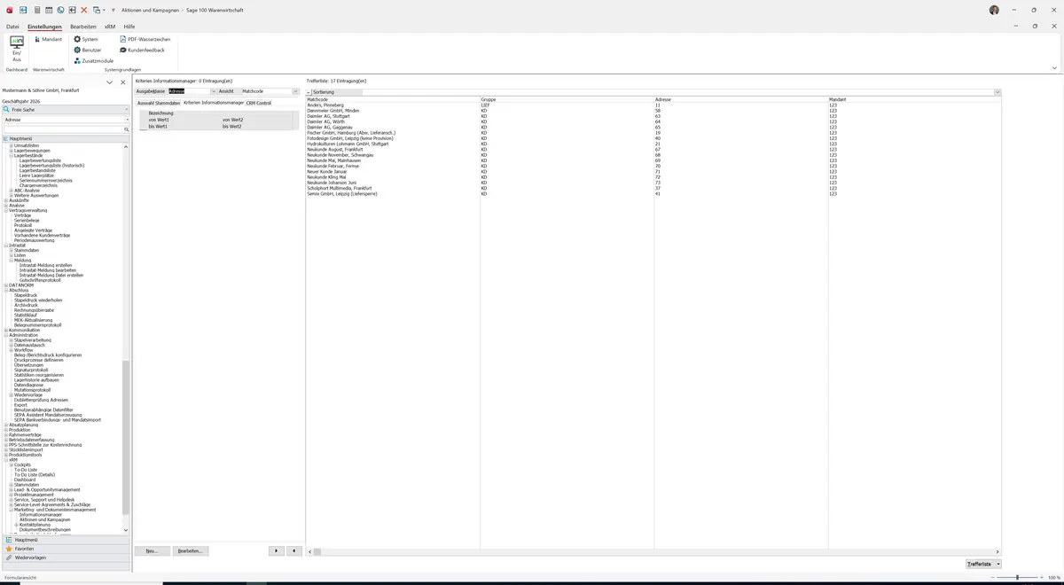 Sage 100 9.0.5.11 Aktionen und Kampagnen: Register Kriterien Informationsmanager