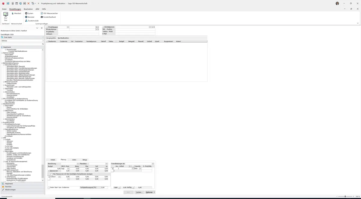 Sage 100 9.0.5.11 Projektplanung und -kalkulation: Register Planung