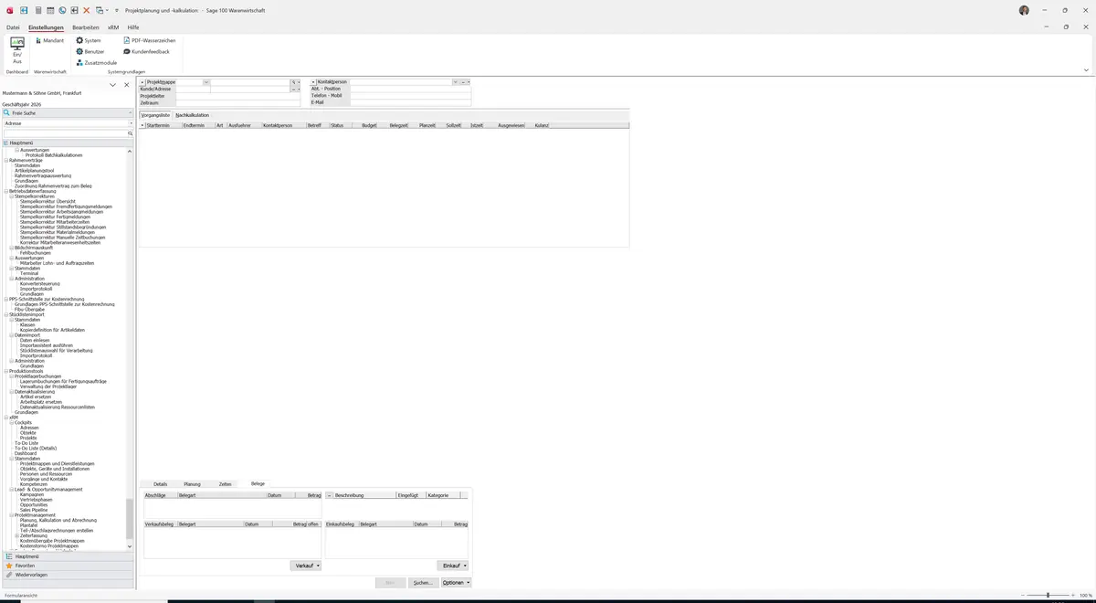 Sage 100 9.0.5.11 Projektplanung und -kalkulation: Register Belege