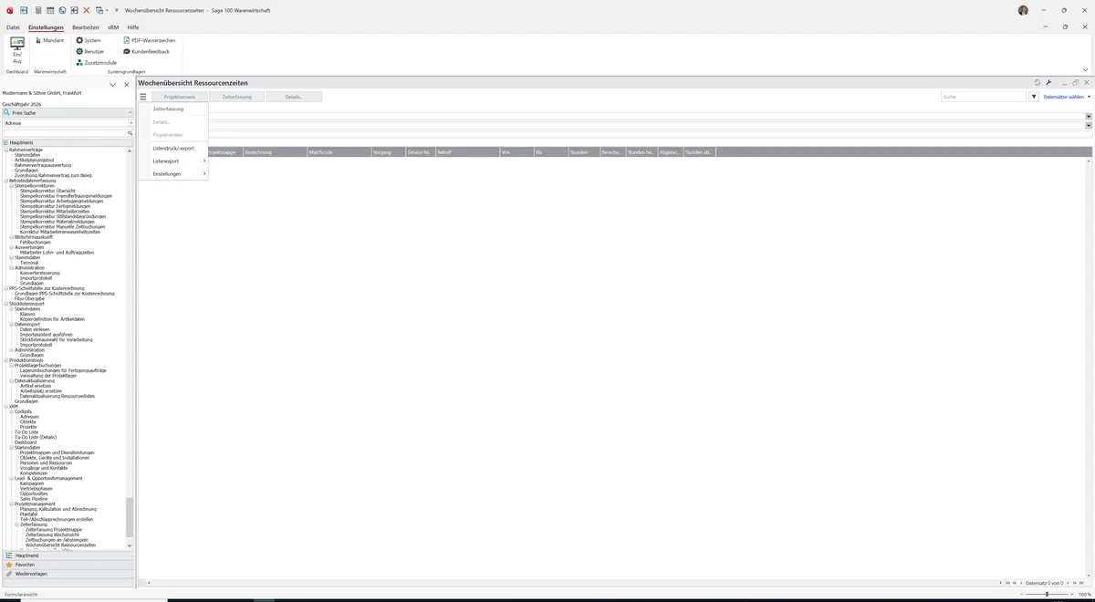 Sage 100 9.0.5.11 Wochenübersicht Ressourcenzeiten: Datenklassenmenü