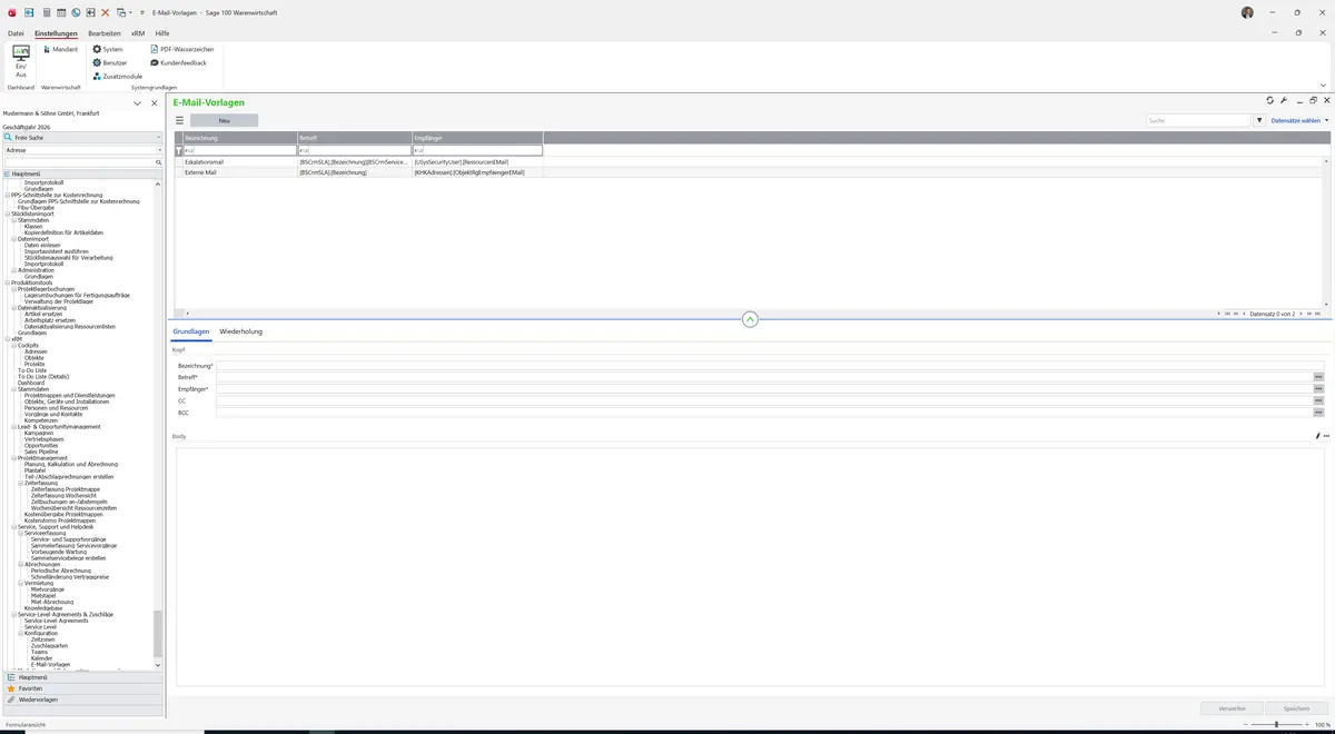 Sage 100 9.0.5.11 E-Mail-Vorlagen: Maske E-Mail-Vorlagen