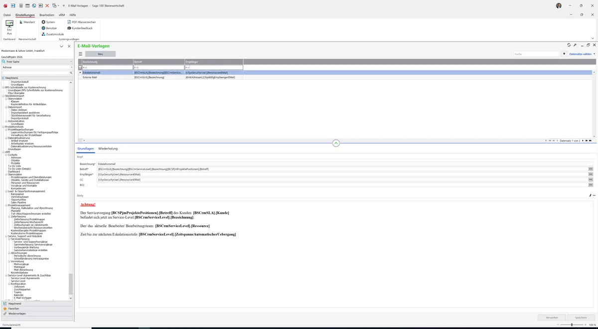 Sage 100 9.0.5.11 E-Mail-Vorlagen: Datensatz geladen