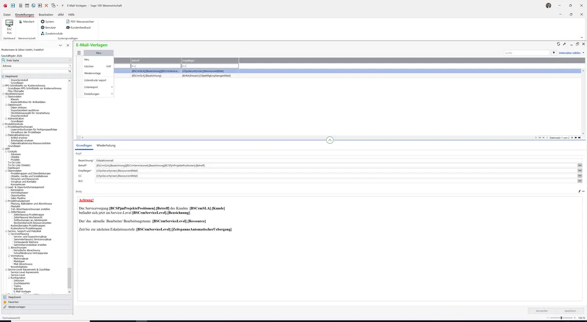 Sage 100 9.0.5.11 E-Mail-Vorlagen: Datenklassenmenü