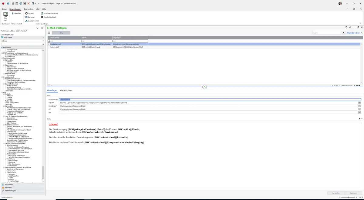 Sage 100 9.0.5.11 E-Mail-Vorlagen: Register Grundlagen