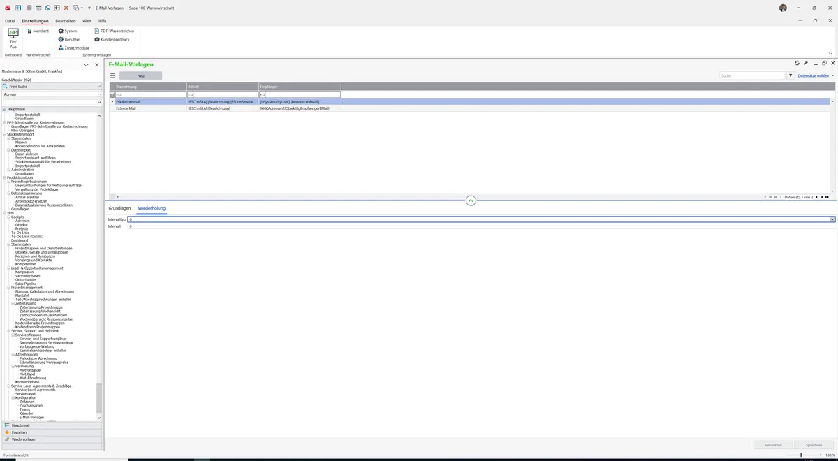 Sage 100 9.0.5.11 E-Mail-Vorlagen: Register Wiederholung