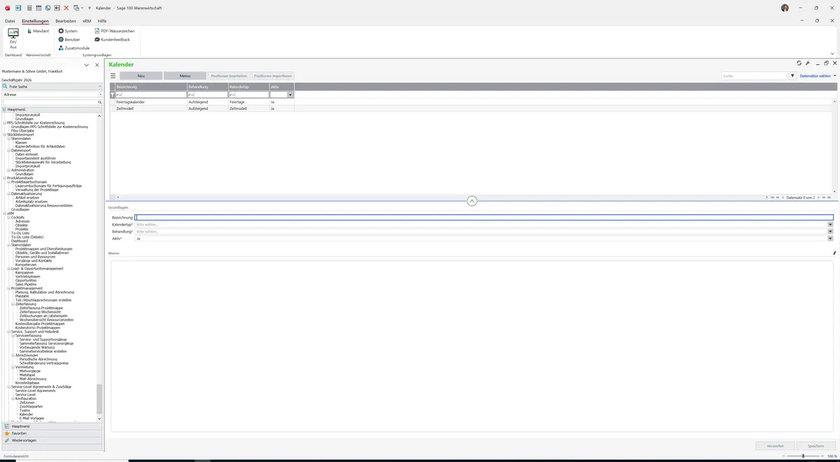 Sage 100 9.0.5.11 Kalender: Maske Kalender