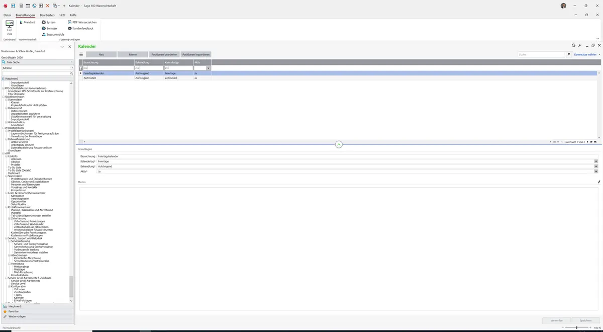 Sage 100 9.0.5.11 Kalender: Datensatz geladen