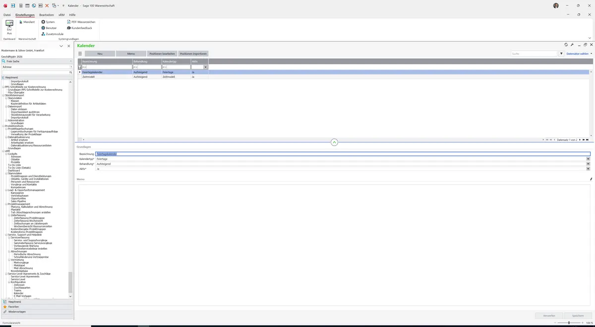 Sage 100 9.0.5.11 Kalender: Register Grundlagen