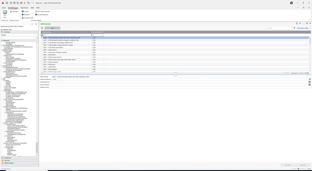 Sage 100 9.0.5.11 Zeitzonen: Datensatz geladen