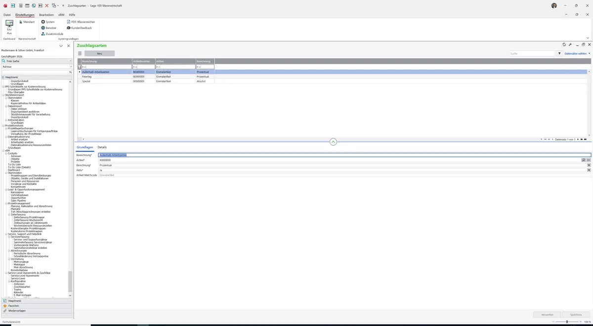 Sage 100 9.0.5.11 Zuschlagsarten: Register Grundlagen