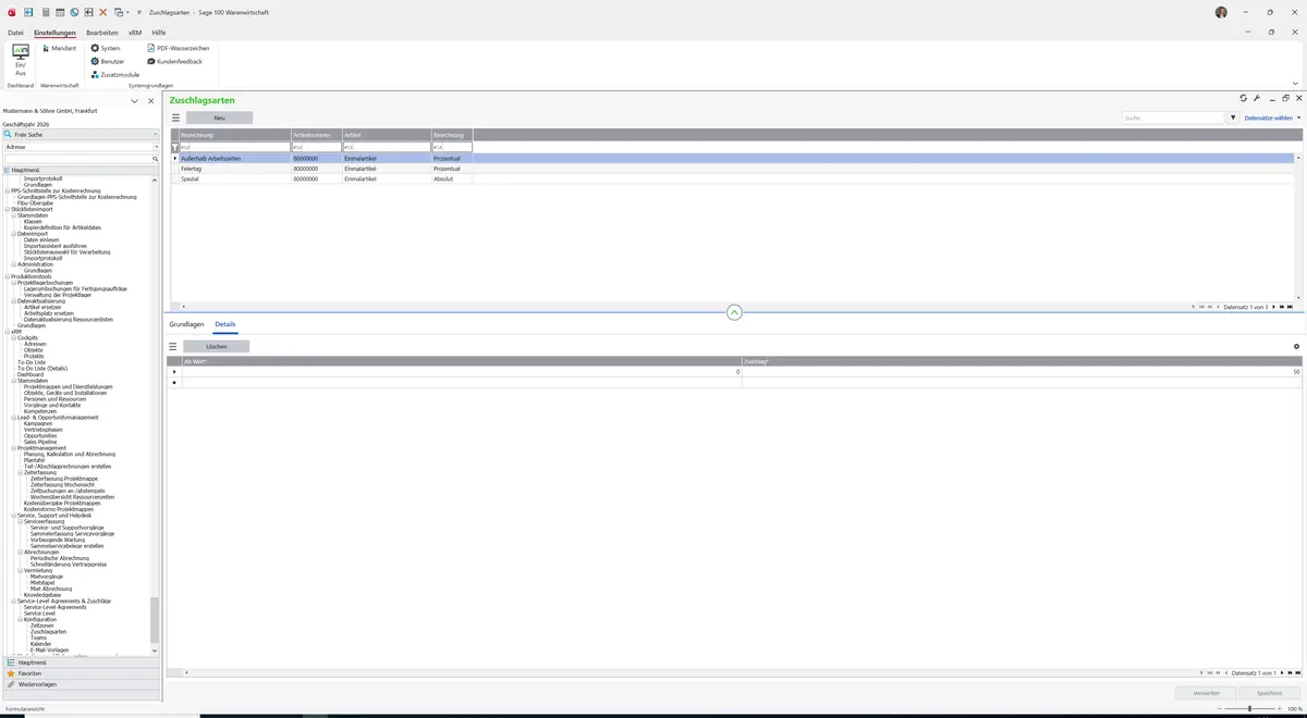 Sage 100 9.0.5.11 Zuschlagsarten: Register Details
