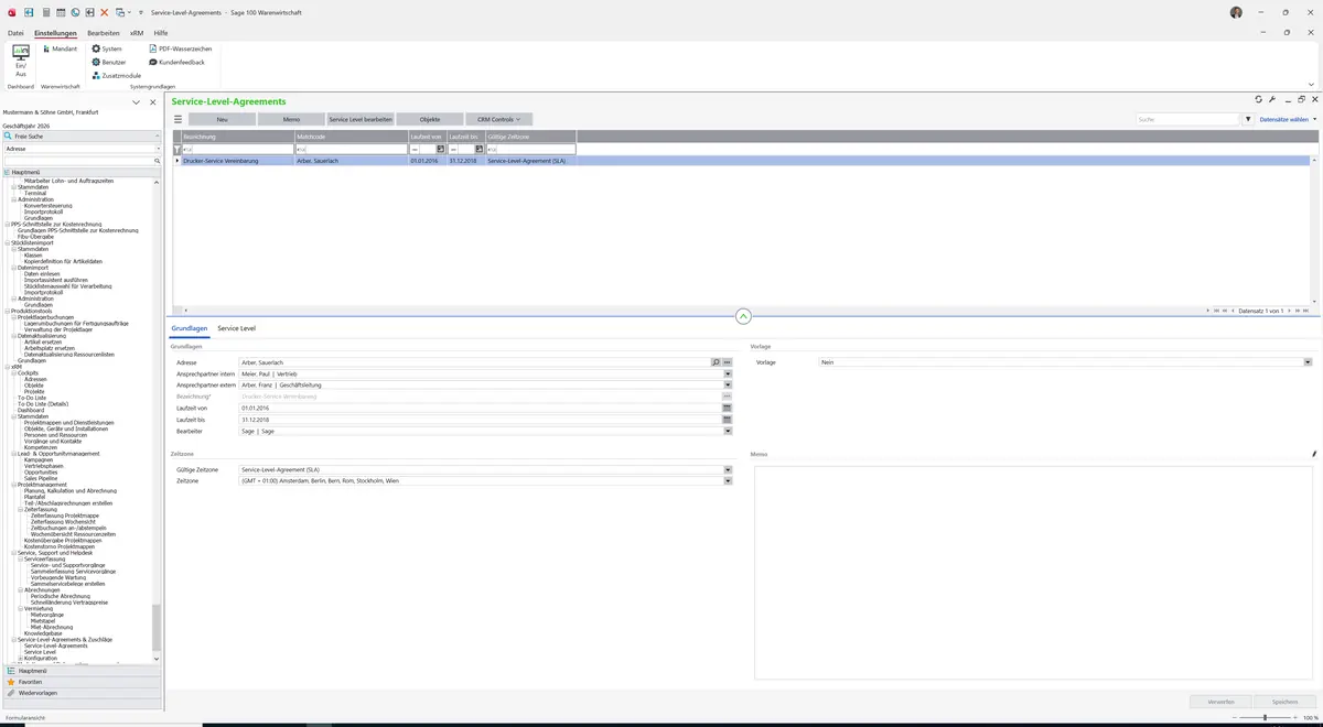 Sage 100 9.0.5.11 Service-Level-Agreements: Datensatz geladen