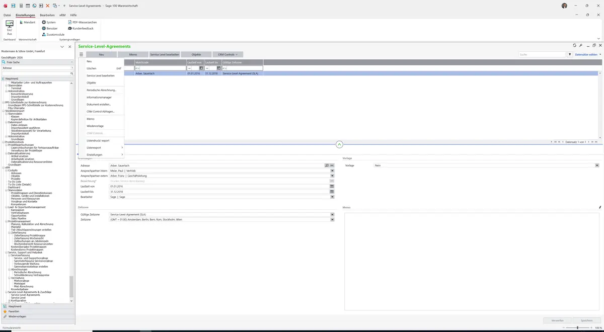 Sage 100 9.0.5.11 Service-Level-Agreements: Datenklassenmenü