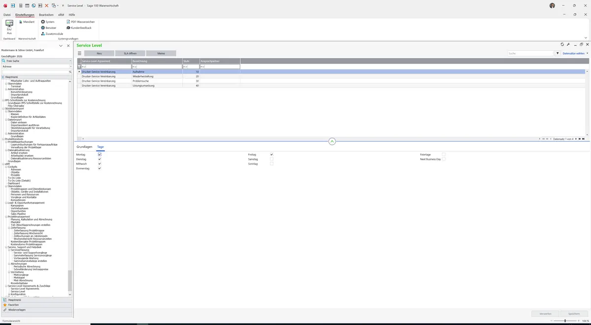 Sage 100 9.0.5.11 Service Level: Register Tage