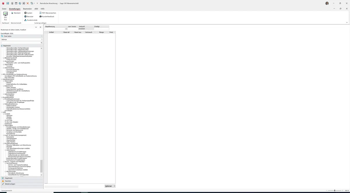 Sage 100 9.0.5.11 Periodische Abrechnung: Maske Periodische Abrechnung