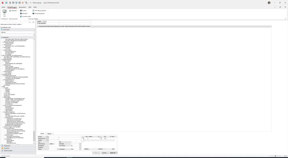 Sage 100 9.0.5.11 Mietvorgänge: Register Details