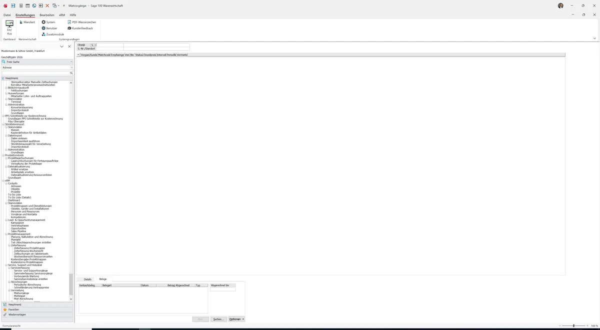 Sage 100 9.0.5.11 Mietvorgänge: Register Belege