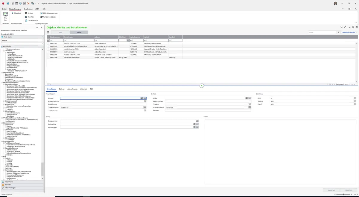 Sage 100 9.0.5.11 Objekte, Geräte und Installationen: Maske Objekte, Geräte und Installationen