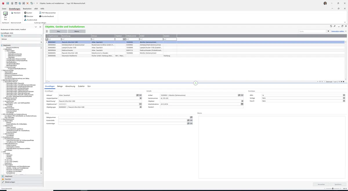 Sage 100 9.0.5.11 Objekte, Geräte und Installationen: Datensatz geladen