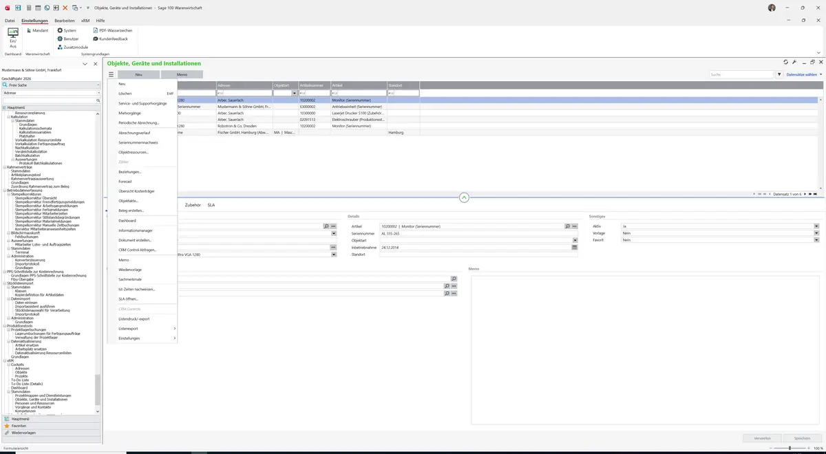 Sage 100 9.0.5.11 Objekte, Geräte und Installationen: Datenklassenmenü