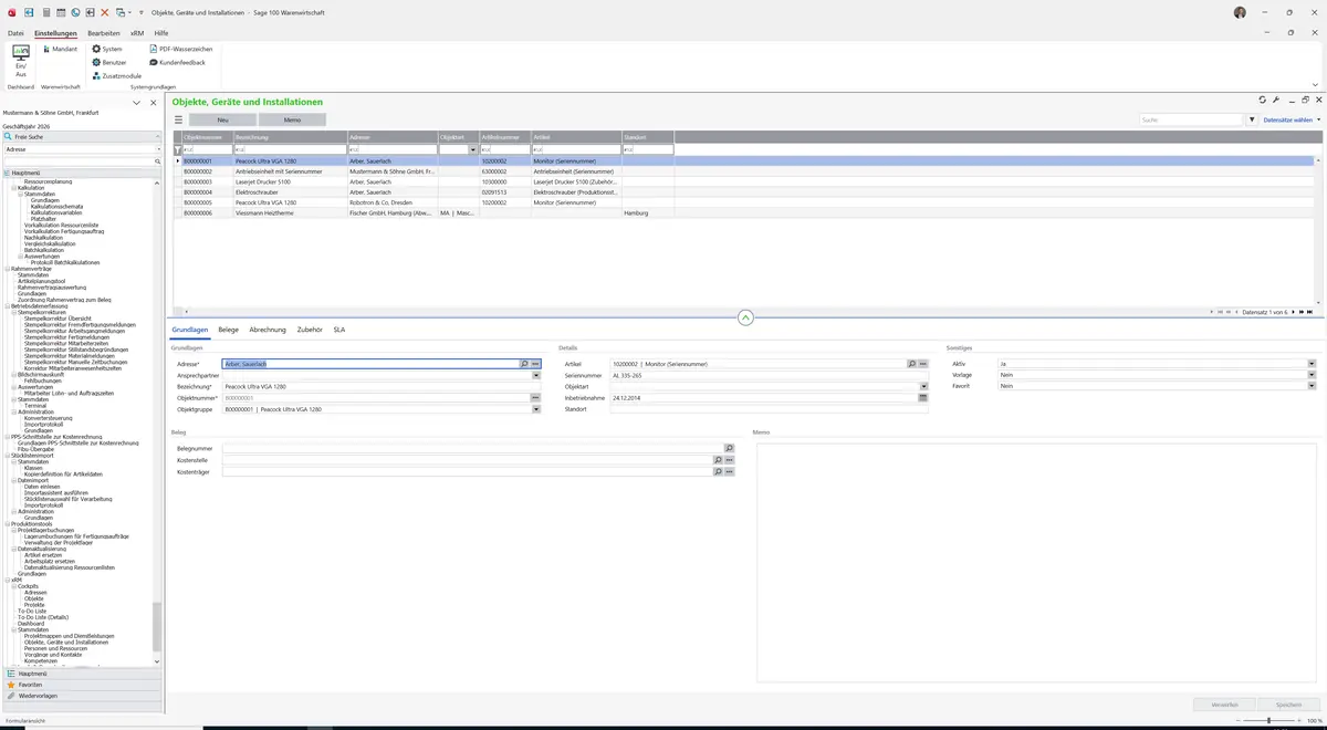 Sage 100 9.0.5.11 Objekte, Geräte und Installationen: Register Grundlagen