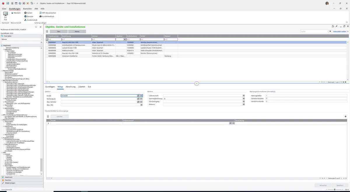 Sage 100 9.0.5.11 Objekte, Geräte und Installationen: Register Belege