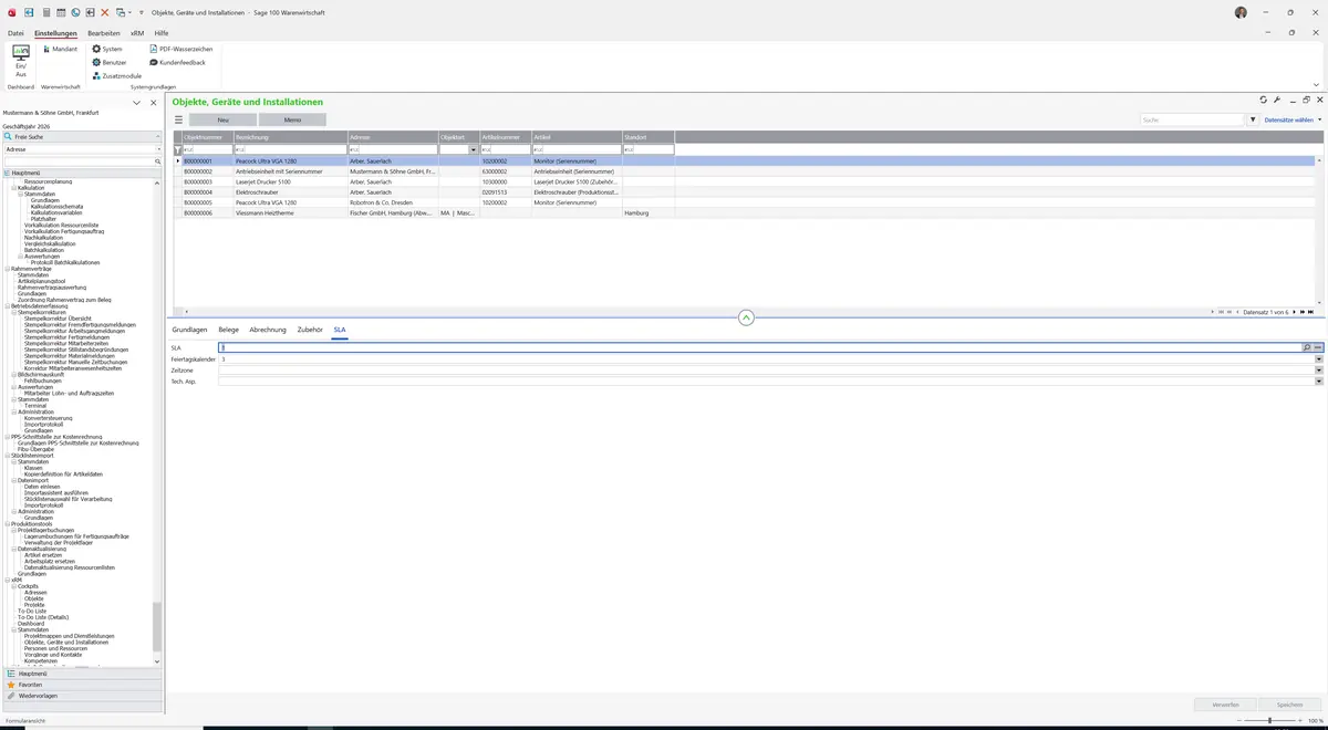 Sage 100 9.0.5.11 Objekte, Geräte und Installationen: Register SLA