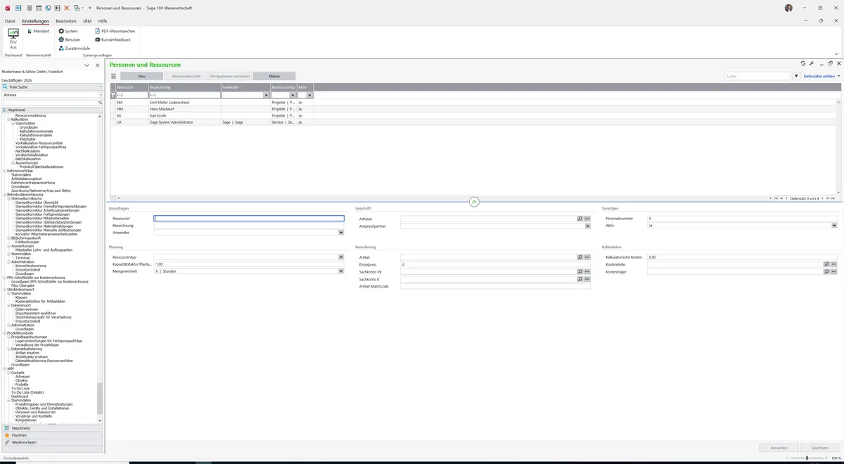Sage 100 9.0.5.11 Personen und Ressourcen: Maske Personen und Ressourcen