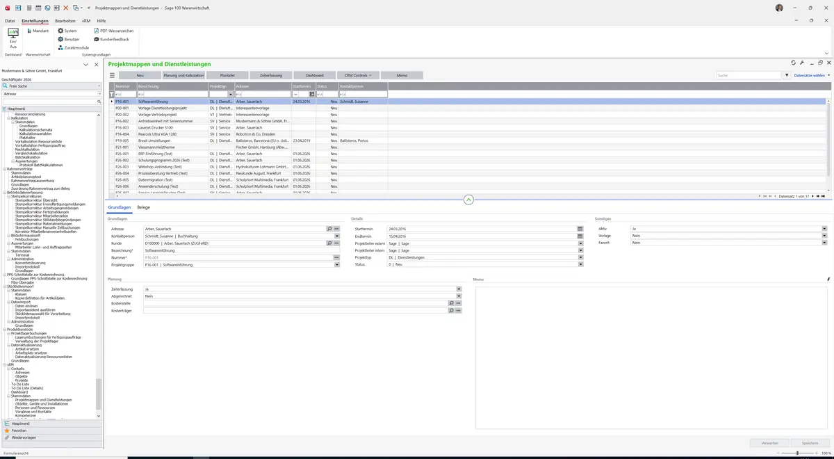 Sage 100 9.0.5.11 Projektmappen und Dienstleistungen: Datensatz geladen