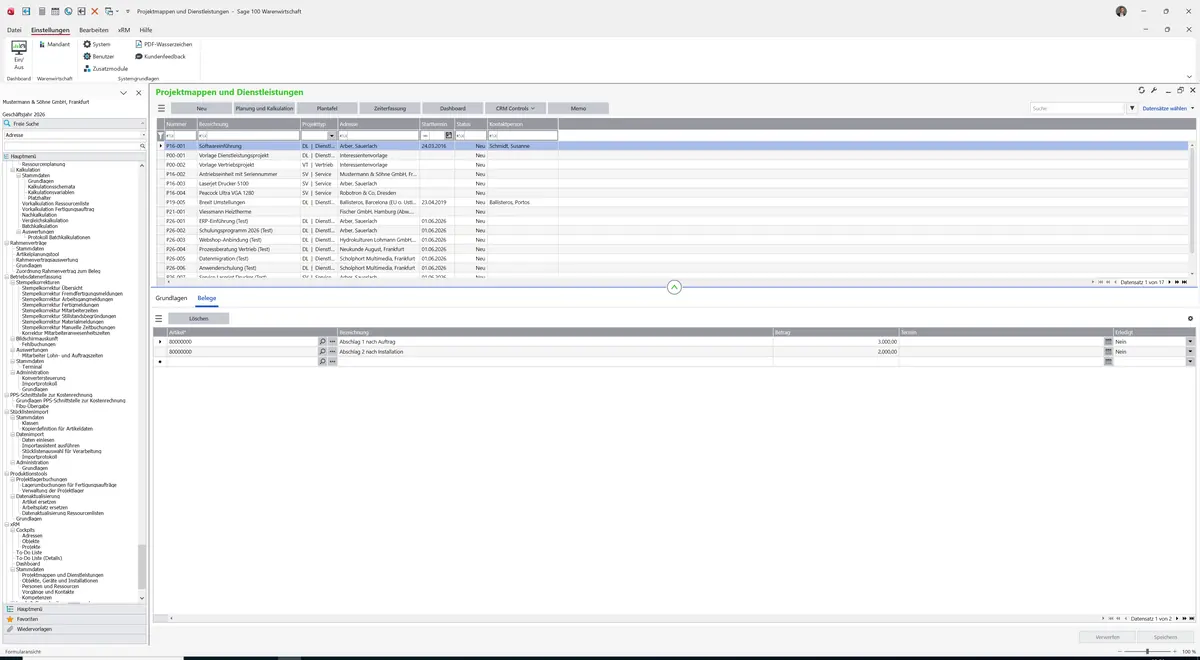 Sage 100 9.0.5.11 Projektmappen und Dienstleistungen: Register Belege