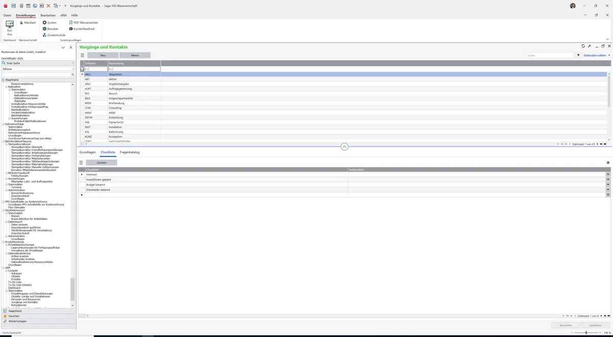 Sage 100 9.0.5.11 Vorgänge und Kontakte: Register Checkliste
