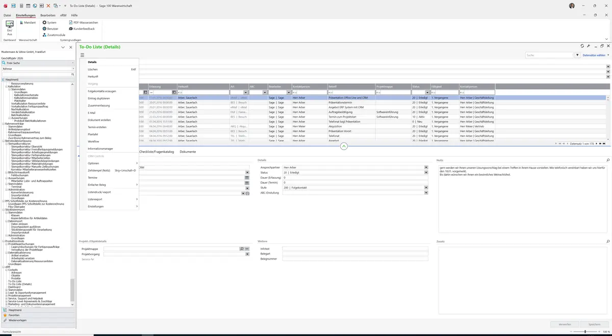 Sage 100 9.0.5.11 To-Do Liste (Details): Datenklassenmenü