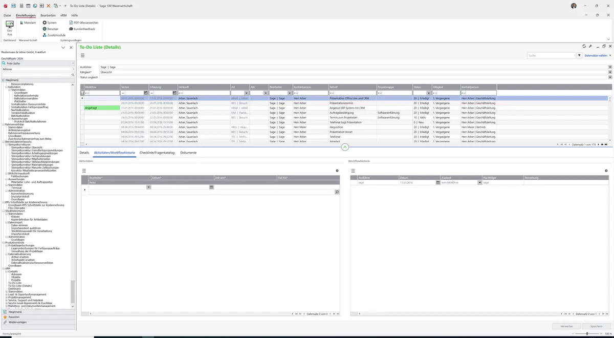 Sage 100 9.0.5.11 To-Do Liste (Details): Register Aktivitäten/Workflowhistorie