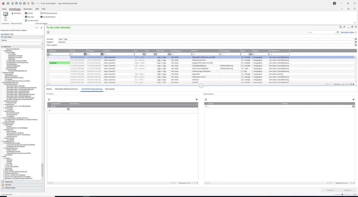 Sage 100 9.0.5.11 To-Do Liste (Details): Register Checkliste/Fragenkatalog