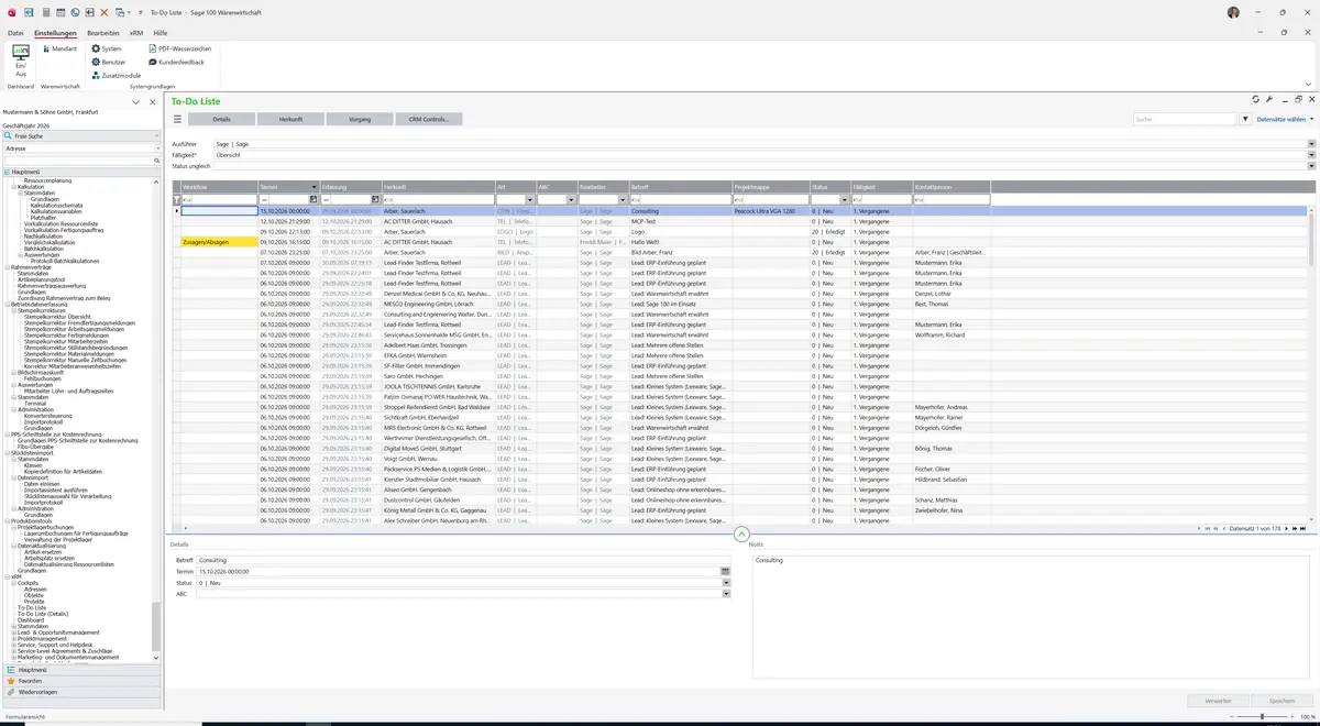 Sage 100 9.0.5.11 To-Do Liste: Datensatz geladen