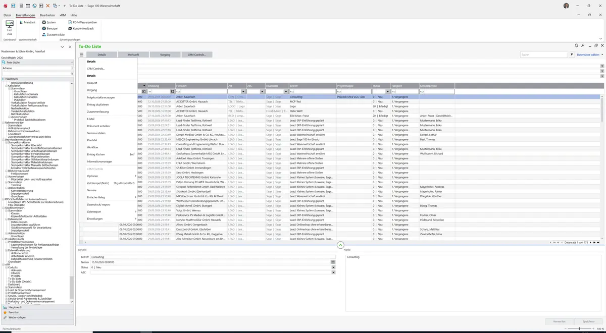 Sage 100 9.0.5.11 To-Do Liste: Datenklassenmenü