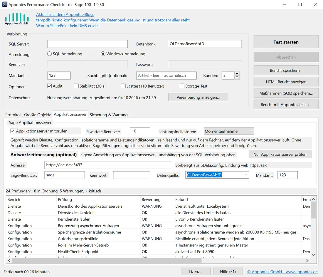 Reiter Applikationsserver mit Prüfungen zu Diensten, Konfiguration und Isolationsräumen