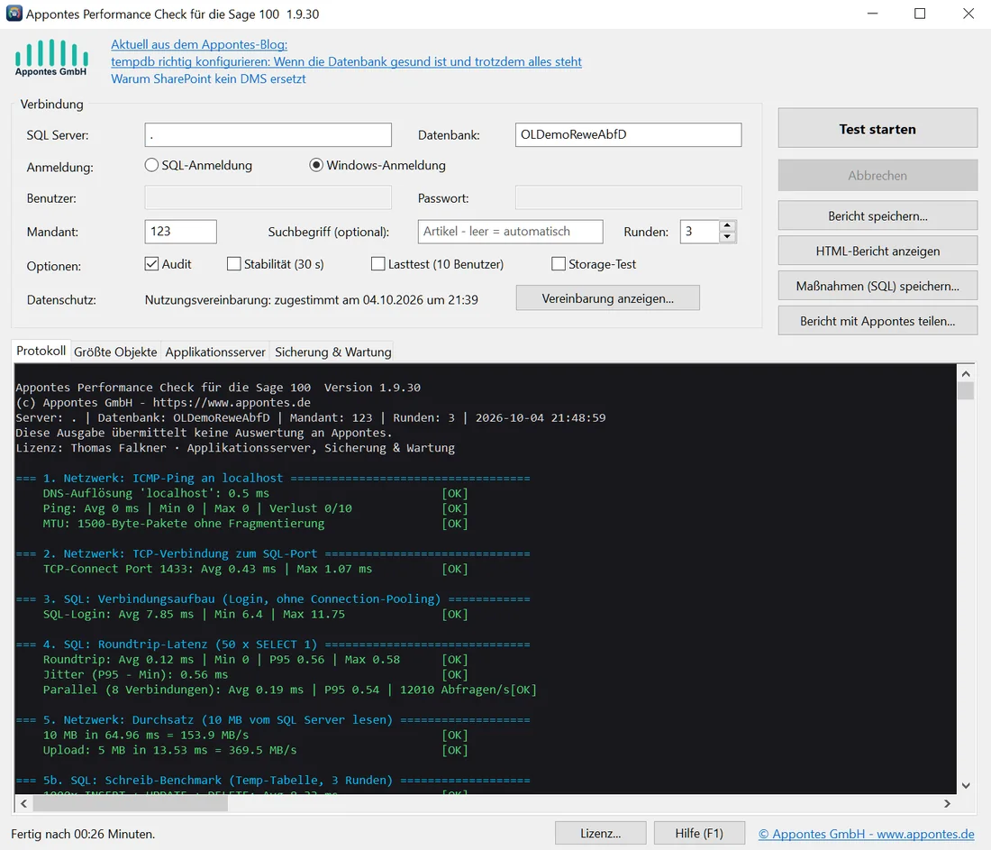 Appontes Performance Check nach einem Testlauf mit farbigem Protokoll der Messungen