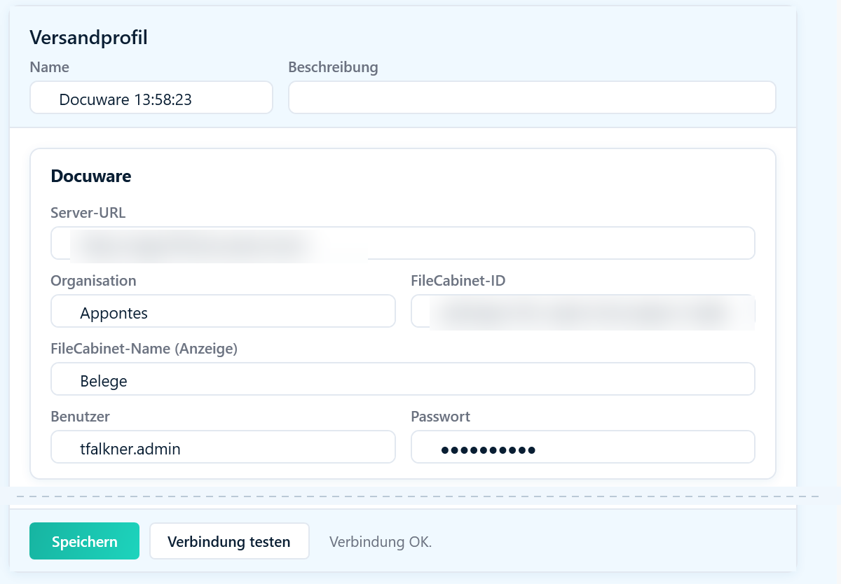 Versandprofil in den Appontes Power Tools mit DocuWare-Verbindung: Organisation, FileCabinet Belege, Benutzer und die Meldung Verbindung OK