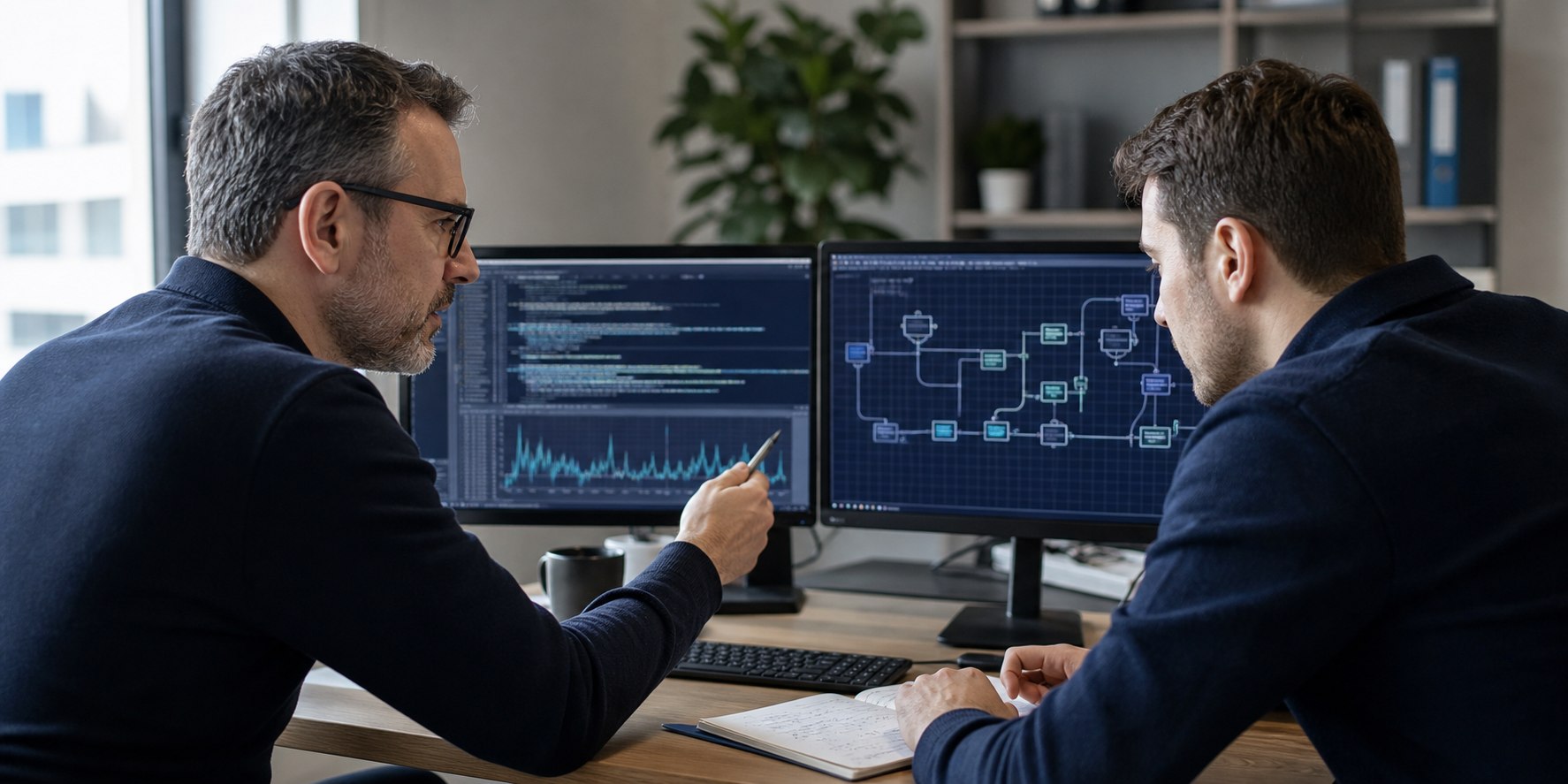 Zwei Spezialisten analysieren Logs, Systemzusammenhänge und Performancewerte