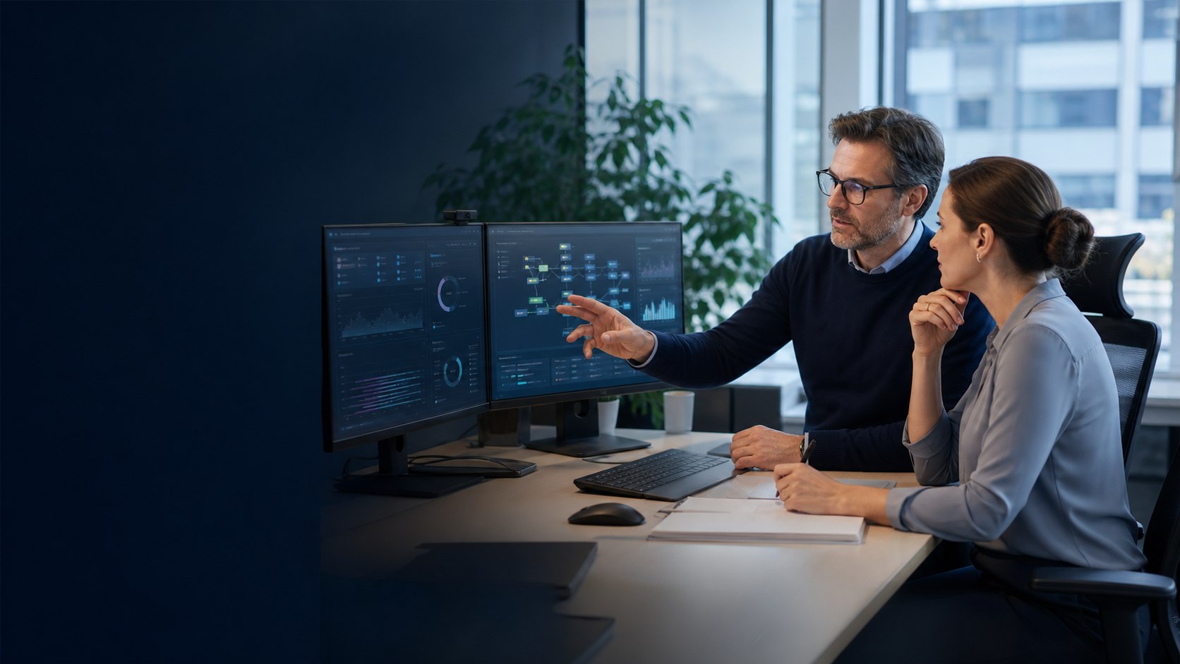 ERP-Berater und IT-Spezialistin analysieren gemeinsam eine Sage-100-Systemumgebung