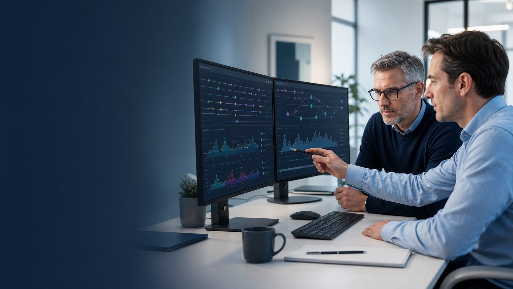 Zwei Spezialisten korrelieren Messwerte und Ereignisse bei einer Sage-100-Fehleranalyse