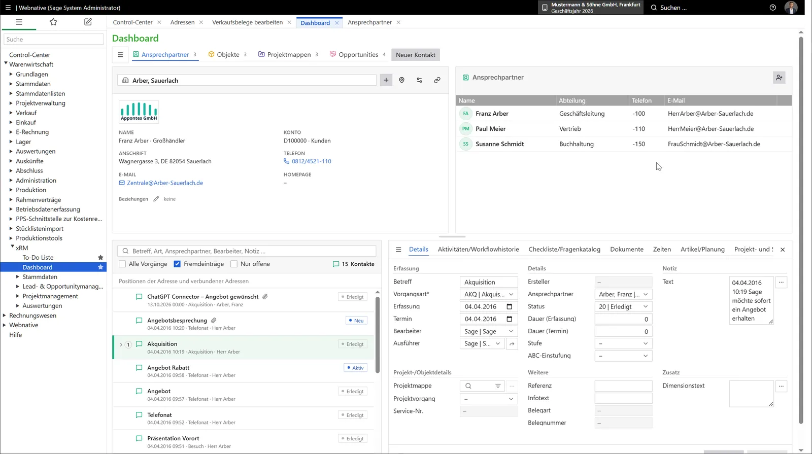 Webnative: xRM-Dashboard mit Kontakten und Vorgängen einer Adresse